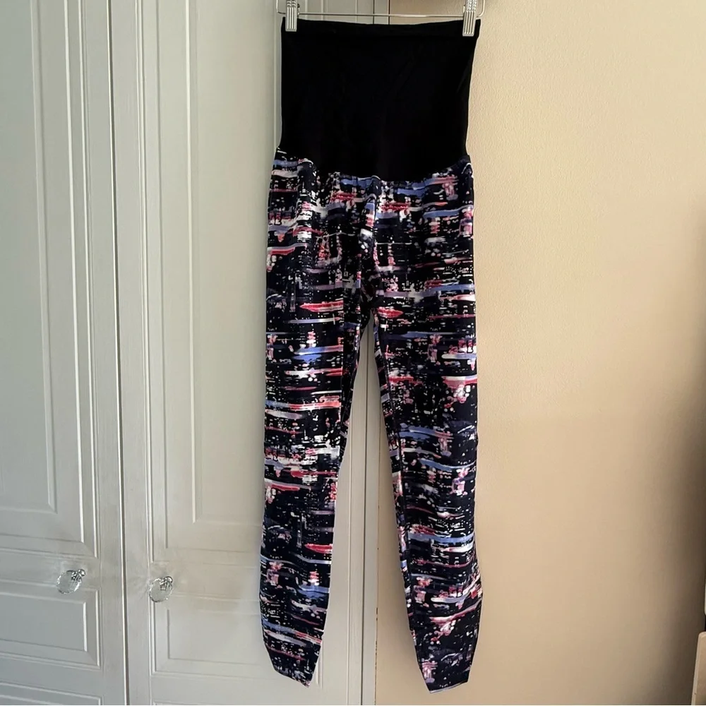 Motherhood Maternity Pants Sz L Black Purple Retro Print Stretch PullOn Leggings